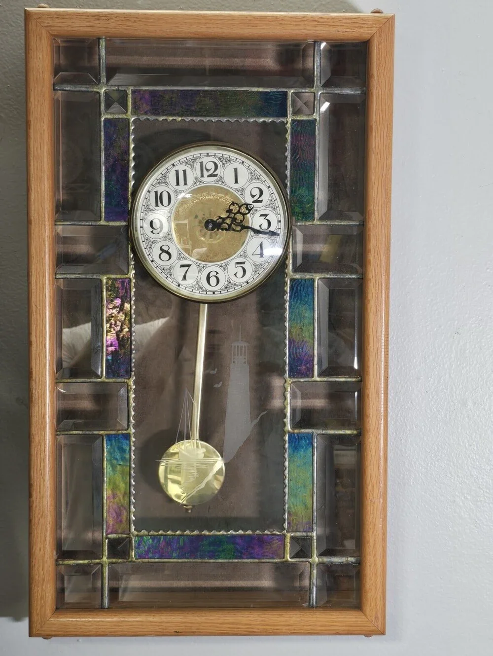 Cathedral Church Window Style Pendulum Wall Clock Stained Art Glass Lighthouse.